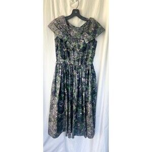 Vintage 80s Alice Of California Junior Midi Dress Peacock Feather Abstract Art